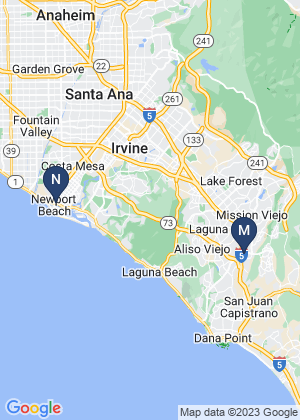 Map of Southern California with pins in Mission Viejo and Newport Beach